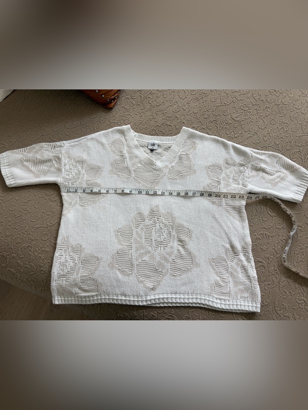 CAbi Ivory Textured Floral V-Neck Sweater